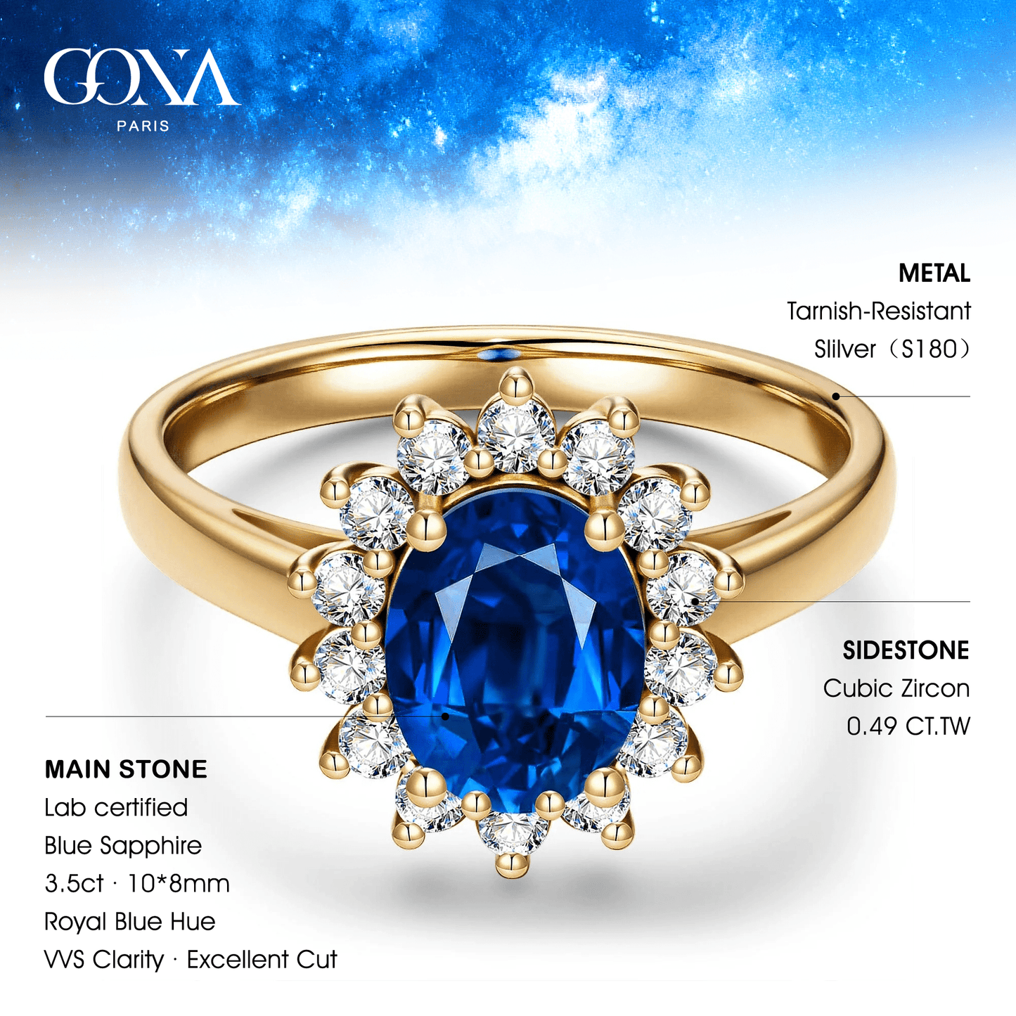 Oval Brilliant Cut Royal Blue Hue Lab-Certified Blue Sapphire - Halo Classic Engagement Ring 14K Yellow Gold Plated (Includes GRC Certification from Gemstone Research Center)