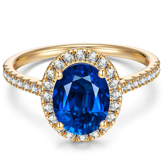 gona- Oval Brilliant Cut Royal Blue Hue Lab-Certified Blue Sapphire - Halo Classic Engagement Ring 14K Yellow Gold Plated (Includes GRC Certification from Gemstone Research Center)