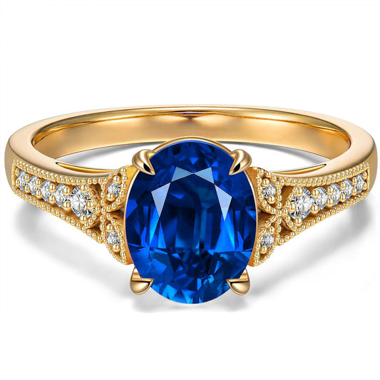 gona- Oval Brilliant Cut Royal Blue Hue Lab-Certified Blue Sapphire - Pave Classic Engagement Ring 14K Yellow Gold Plated (Includes GRC Certification from Gemstone Research Center)
