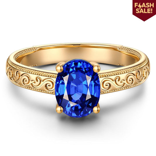 gona- Oval Brilliant Cut Royal Blue Hue Lab-Certified Blue Sapphire - Solitaire Classic Engagement Ring 14K Yellow Gold Plated (Includes GRC Certification from Gemstone Research Center)