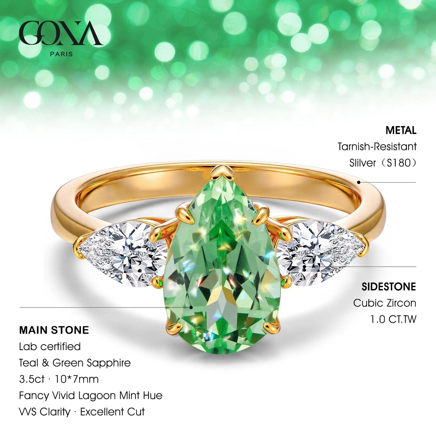Pear Brilliant Cut Fancy Vivid Lagoon Mint Hue Lab-Certified Teal & Green Sapphire - Three Stone Classic Engagement Ring 14K Yellow Gold Plated (Includes GRC Certification from Gemstone Research Center)