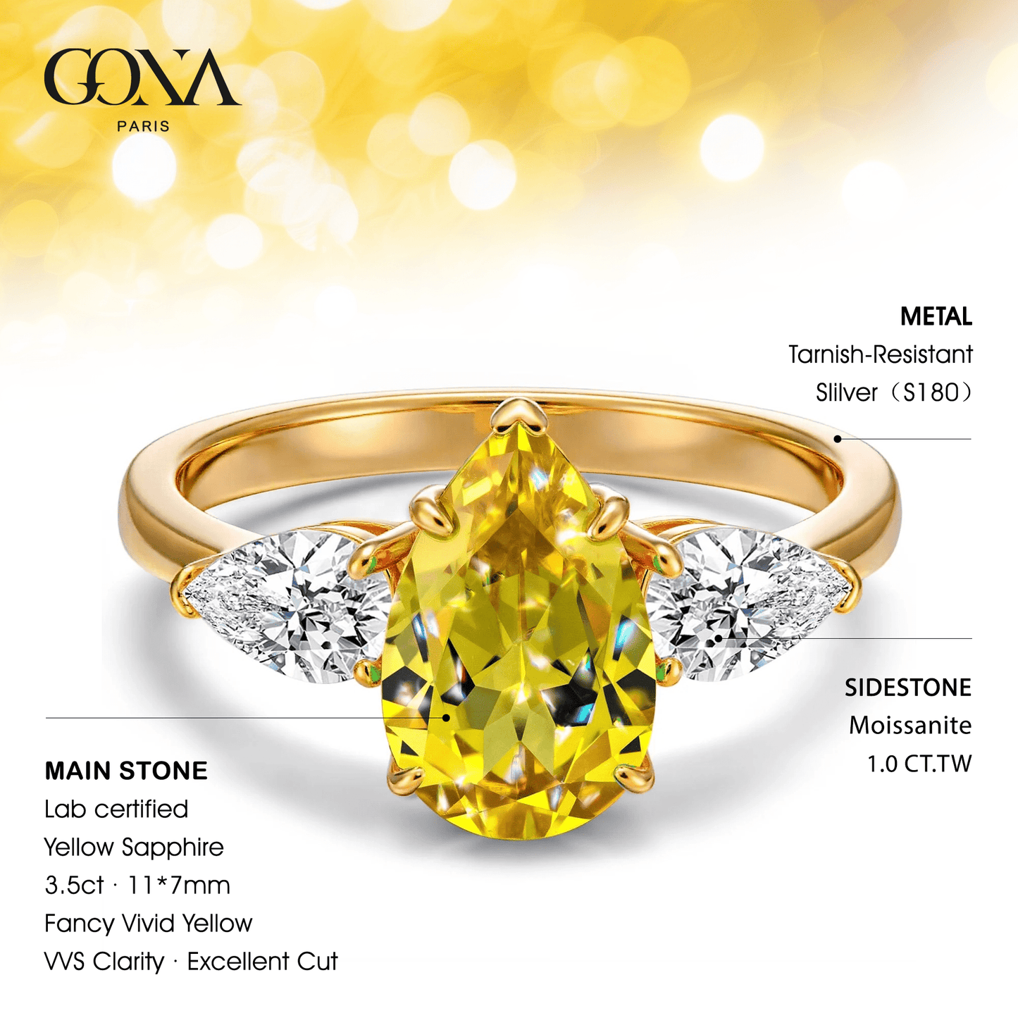 Pear Brilliant Cut Fancy Vivid Yellow Lab-certified Yellow Sapphire - Three Stone Classic Engagement Ring 14K Yellow Gold Plated (Includes GRC Certification from Gemstone Research Center)