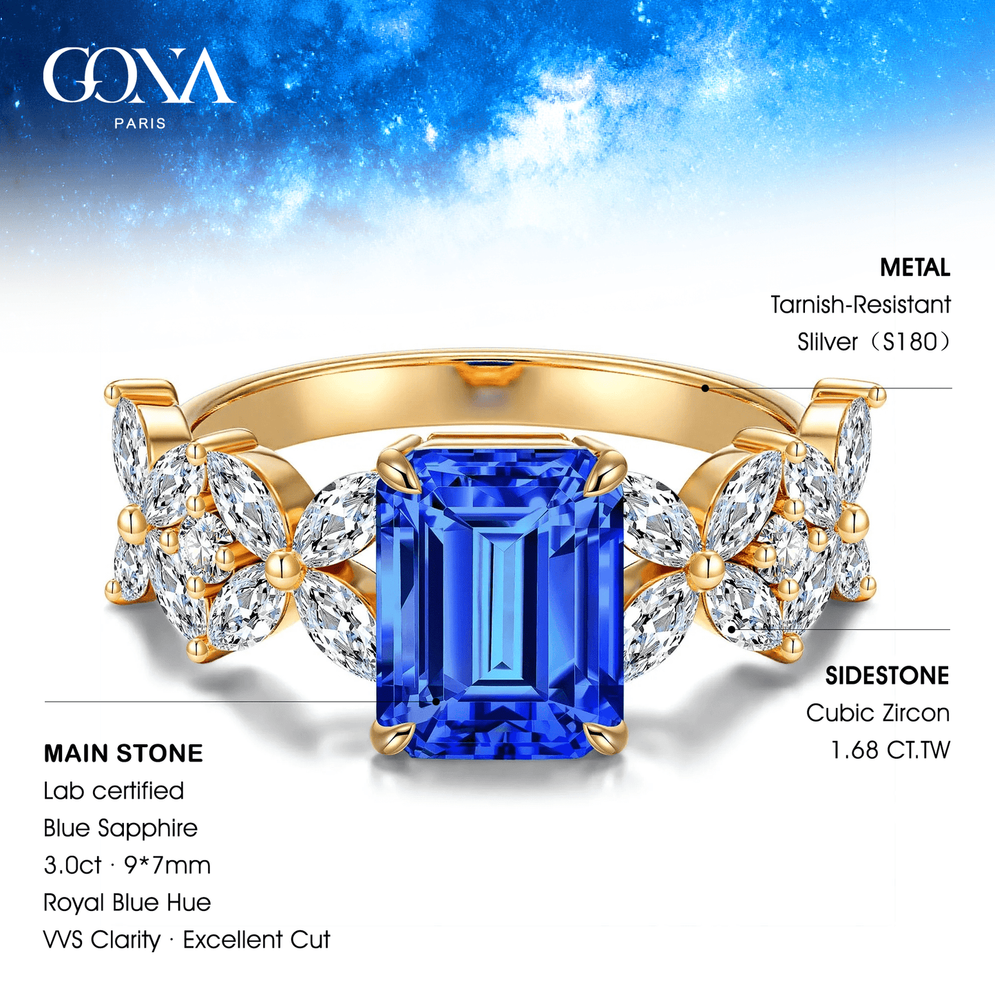Emerald-Cut Royal Blue Hue Lab-Certified Blue Sapphire - Pave Classic Engagement Ring 14K Yellow Gold Plated (Includes GRC Certification from Gemstone Research Center)