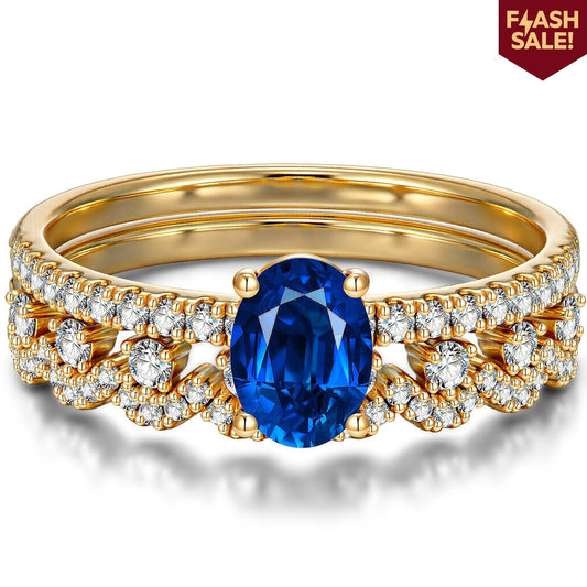 gona- Oval Brilliant Cut Royal Blue Hue Lab-Certified Blue Sapphire - Classic Stackable Ring Sets 14K Yellow Gold Plated (Includes GRC Certification from Gemstone Research Center)