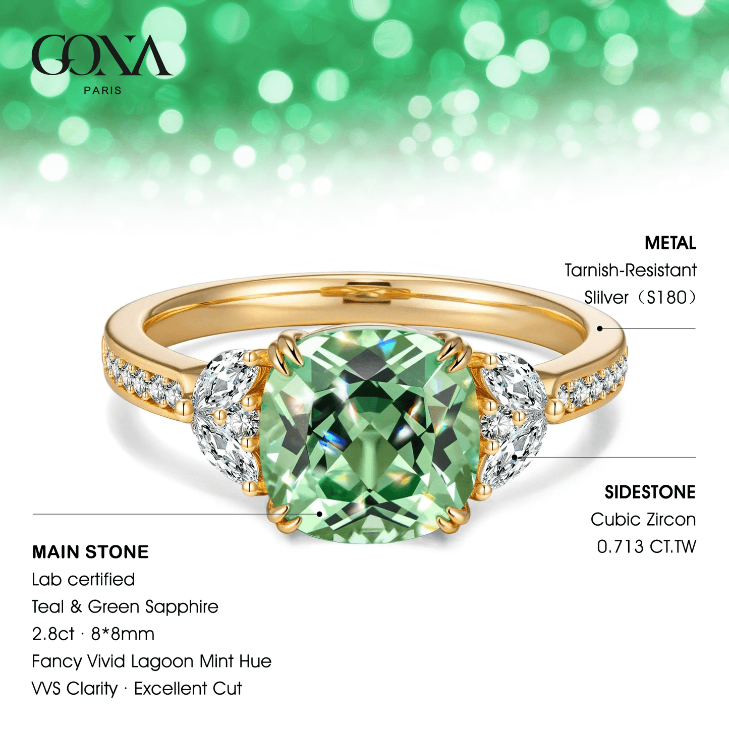 Cushion Cut Fancy Vivid Lagoon Mint Hue Lab-Certified Teal & Green Sapphire - Pave Classic Engagement Ring 14K Yellow Gold Plated (Includes GRC Certification from Gemstone Research Center)