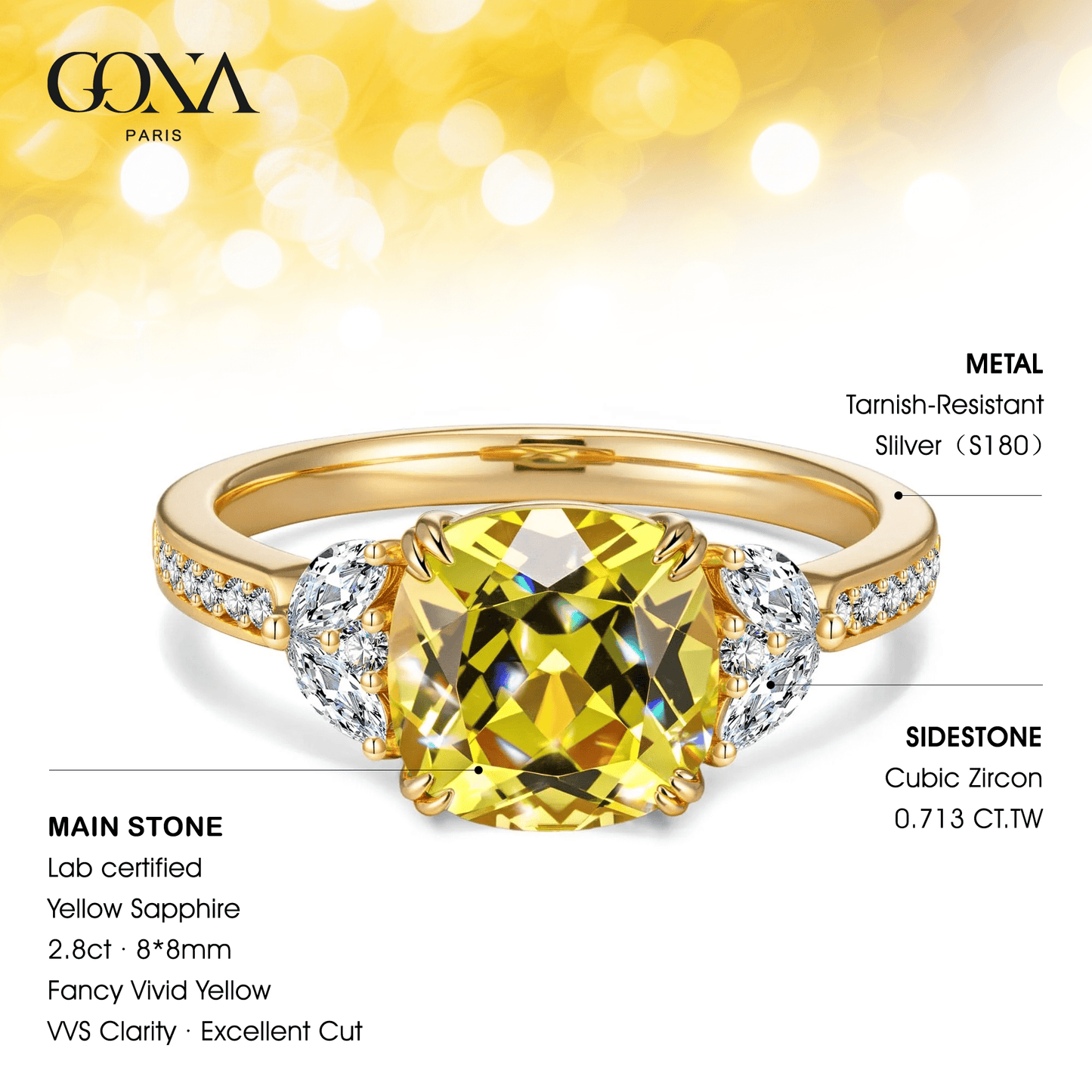 Cushion Cut Fancy Vivid Yellow Lab-certified Yellow Sapphire - Pave Classic Engagement Ring 14K Yellow Gold Plated (Includes GRC Certification from Gemstone Research Center)
