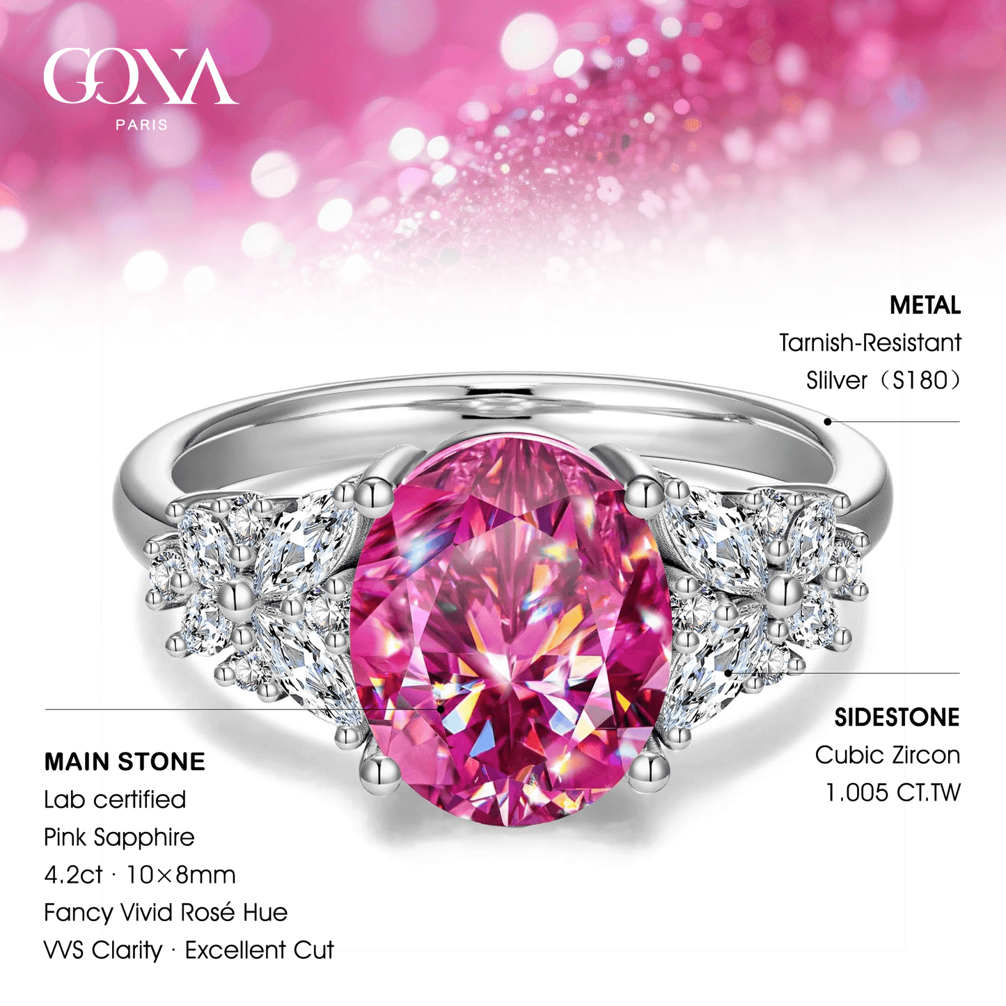 Oval Brilliant Cut Fancy Vivid Rose Hue Lab-Certified Pink Sapphire - Halo Classic Engagement Ring White Gold Plated (Includes GRC Certification from Gemstone Research Center)