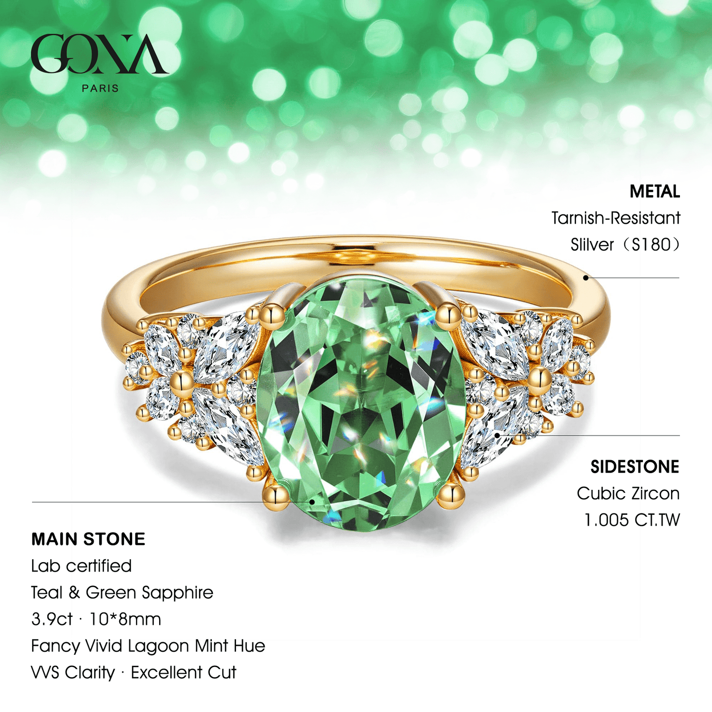 Oval Brilliant Cut Fancy Vivid Lagoon Mint Hue Lab-Certified Teal & Green Sapphire - Pave Classic Engagement Ring 14K Yellow Gold Plated (Includes GRC Certification from Gemstone Research Center)