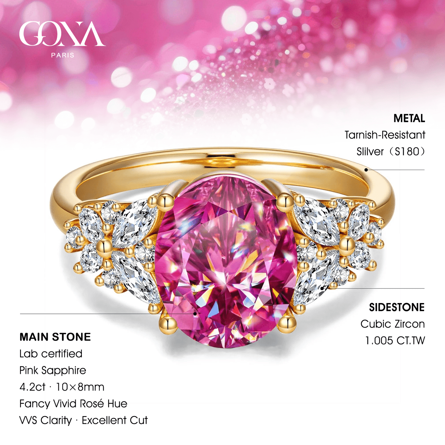 Oval Brilliant Cut Fancy Vivid Rose Hue Lab-Certified Pink Sapphire - Halo Classic Engagement Ring 14K Yellow Gold Plated (Includes GRC Certification from Gemstone Research Center)