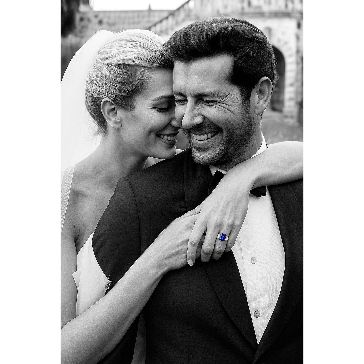Emerald-Cut 5.5CT Royal Blue Lab-Grown Sapphire Engagement Ring – Three Stone Classic Design with Moissanite Side Stones, 14K Yellow Gold Plated on Tarnish-Resistant Silver(Includes GRC Certification from Gemstone Research Center)