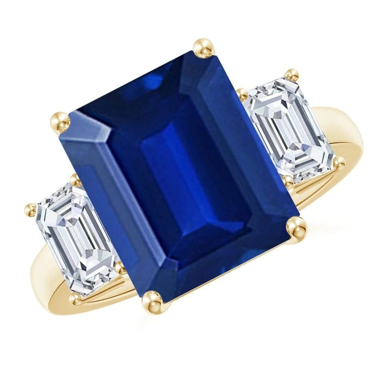Emerald-Cut Royal Blue Hue Lab-Certified Blue Sapphire - Three Stone Classic Engagement Ring 14K Yellow Gold Plated (Includes GRC Certification from Gemstone Research Center)