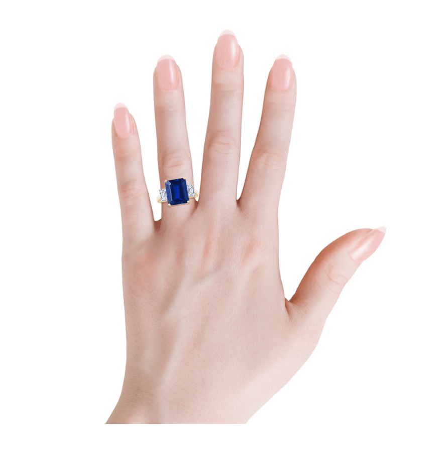 Emerald-Cut Royal Blue Hue Lab-Certified Blue Sapphire - Three Stone Classic Engagement Ring 14K Yellow Gold Plated (Includes GRC Certification from Gemstone Research Center)