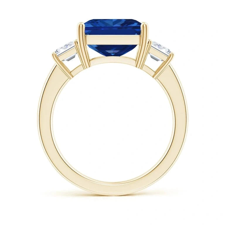 Emerald-Cut Royal Blue Hue Lab-Certified Blue Sapphire - Three Stone Classic Engagement Ring 14K Yellow Gold Plated (Includes GRC Certification from Gemstone Research Center)