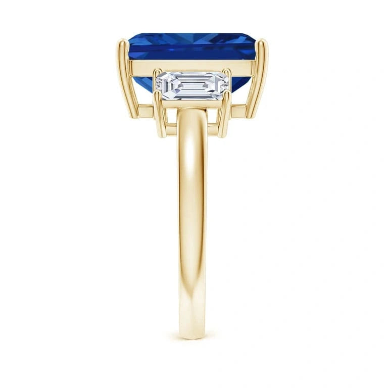 Emerald-Cut Royal Blue Hue Lab-Certified Blue Sapphire - Three Stone Classic Engagement Ring 14K Yellow Gold Plated (Includes GRC Certification from Gemstone Research Center)