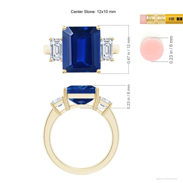 Emerald-Cut Royal Blue Hue Lab-Certified Blue Sapphire - Three Stone Classic Engagement Ring 14K Yellow Gold Plated (Includes GRC Certification from Gemstone Research Center)