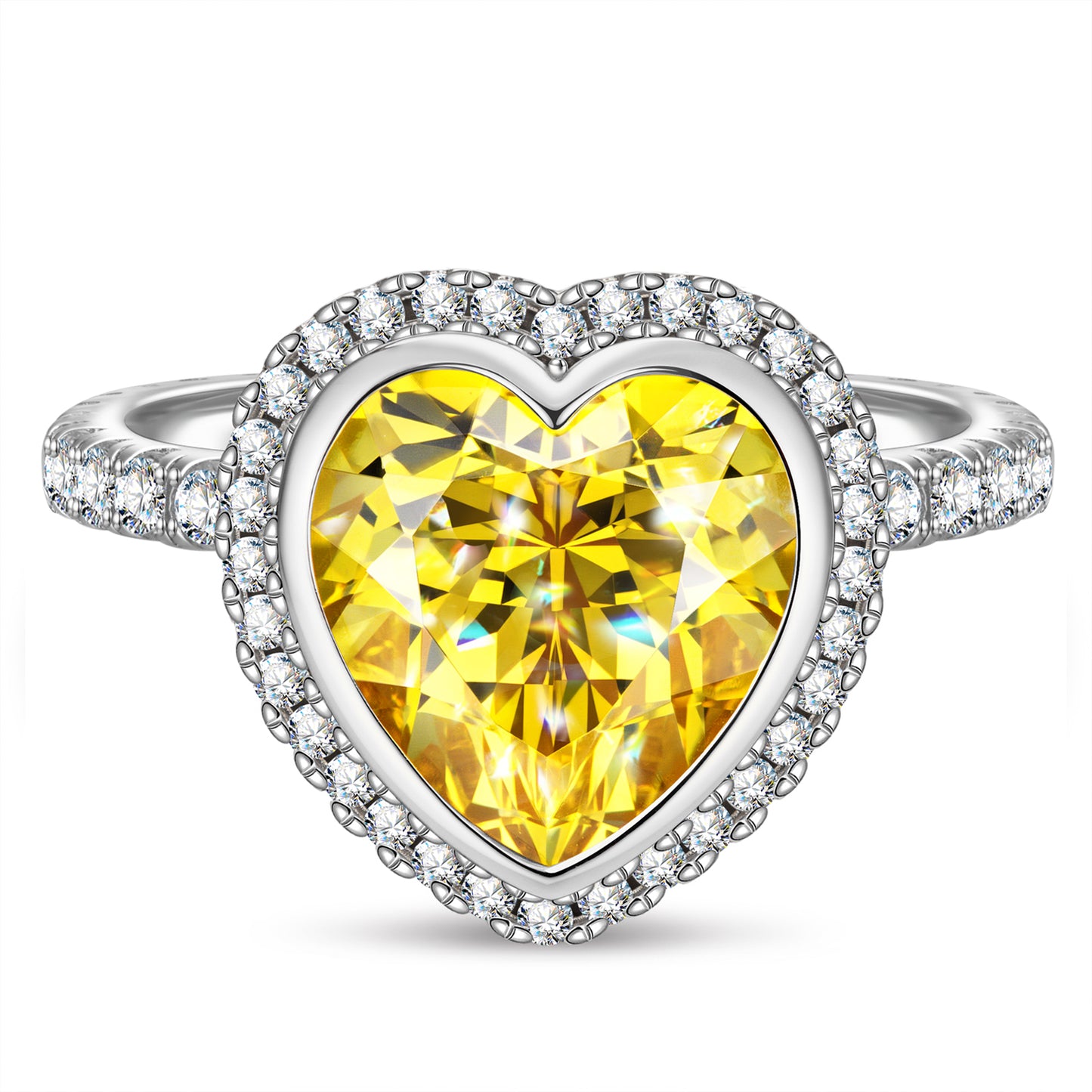 10*10mm Heart Brilliant Cut Fancy Vivid Yellow Lab-Certified Yellow Sapphire - Halo Classic Engagement Ring White Gold Plated (Includes GRC Certification from Gemstone Research Center)