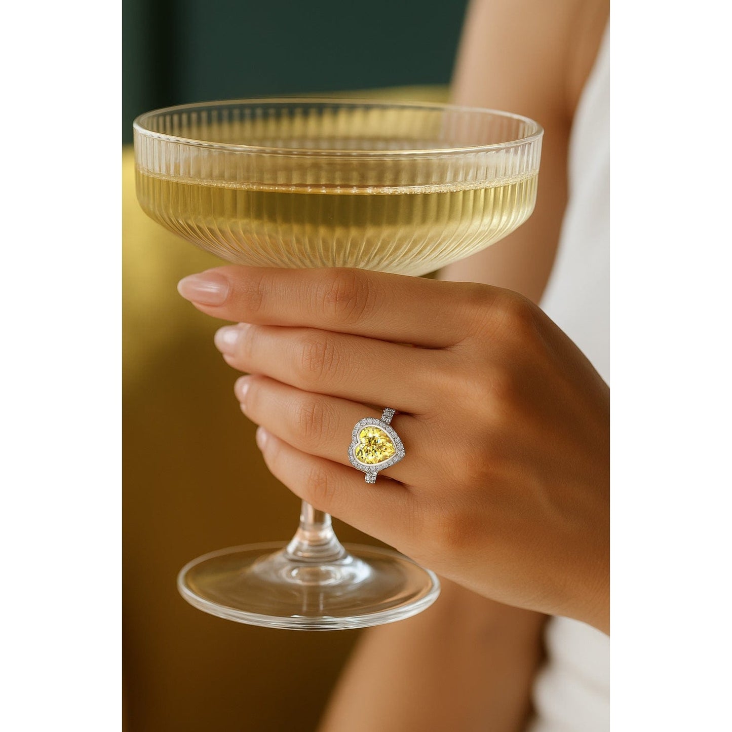 10*10mm Heart Brilliant Cut Fancy Vivid Yellow Lab-Certified Yellow Sapphire - Halo Classic Engagement Ring White Gold Plated (Includes GRC Certification from Gemstone Research Center)