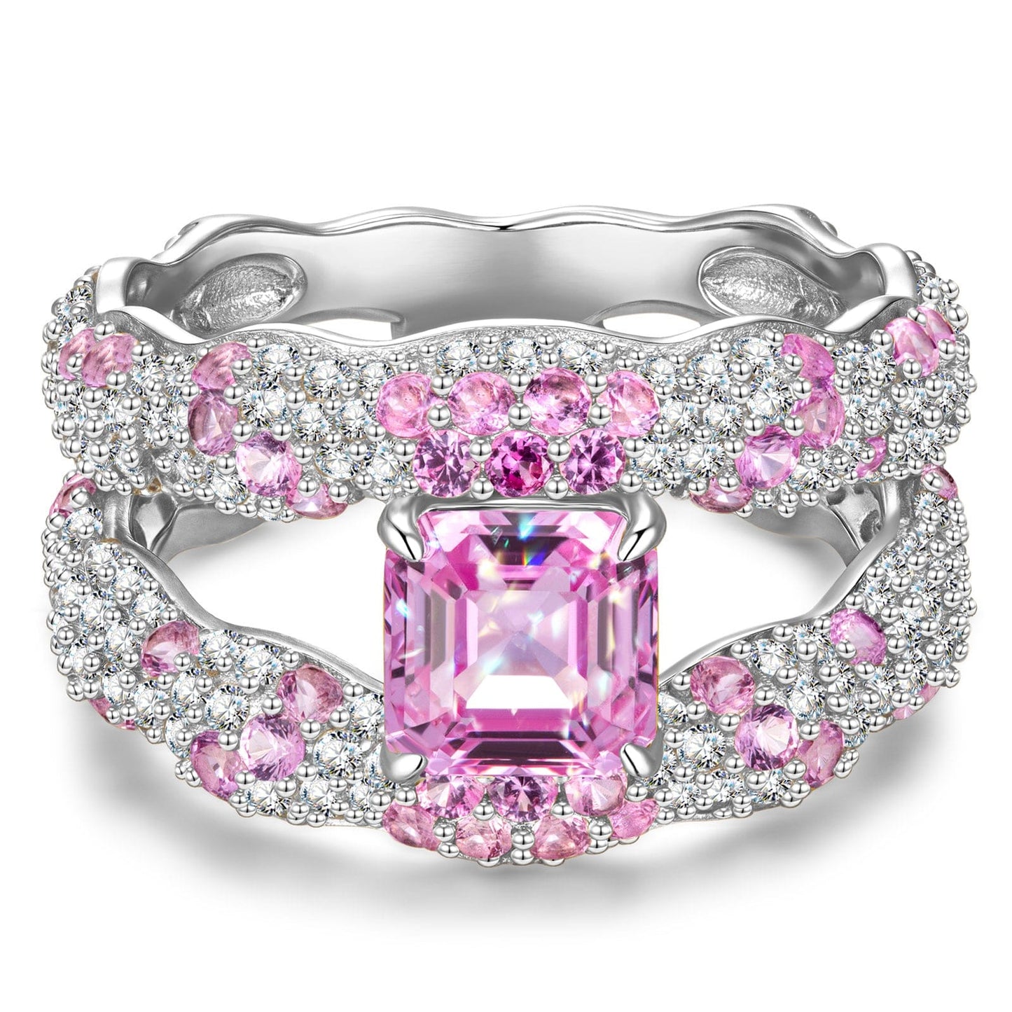 Flash Sale: Solara Splendor Asscher Cut Fancy Vivid Rose Hue Lab-Certified Pink Sapphire - Pave Classic Engagement Ring White Gold Plated (Includes GRC Certification from Gemstone Research Center)