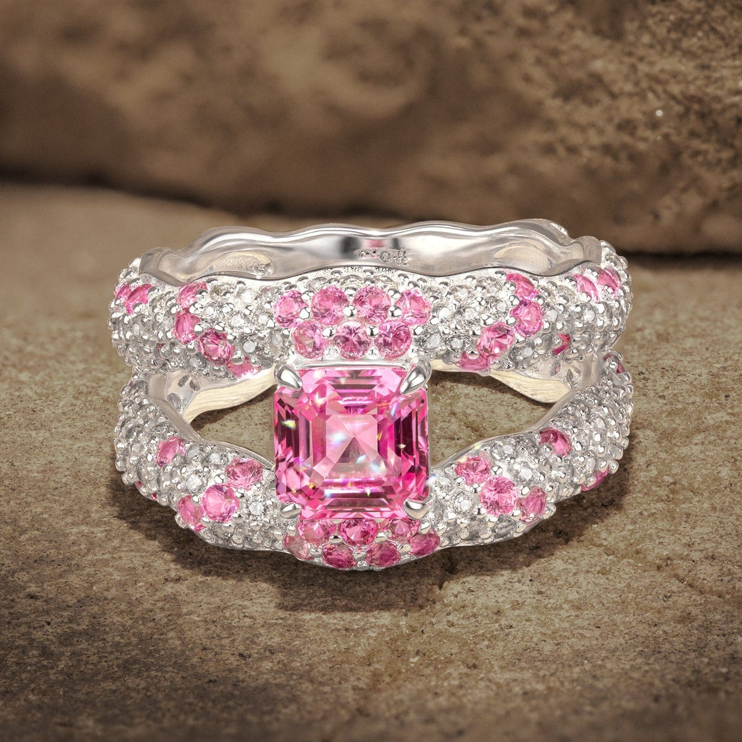 Flash Sale: Solara Splendor Asscher Cut Fancy Vivid Rose Hue Lab-Certified Pink Sapphire - Pave Classic Engagement Ring White Gold Plated (Includes GRC Certification from Gemstone Research Center)