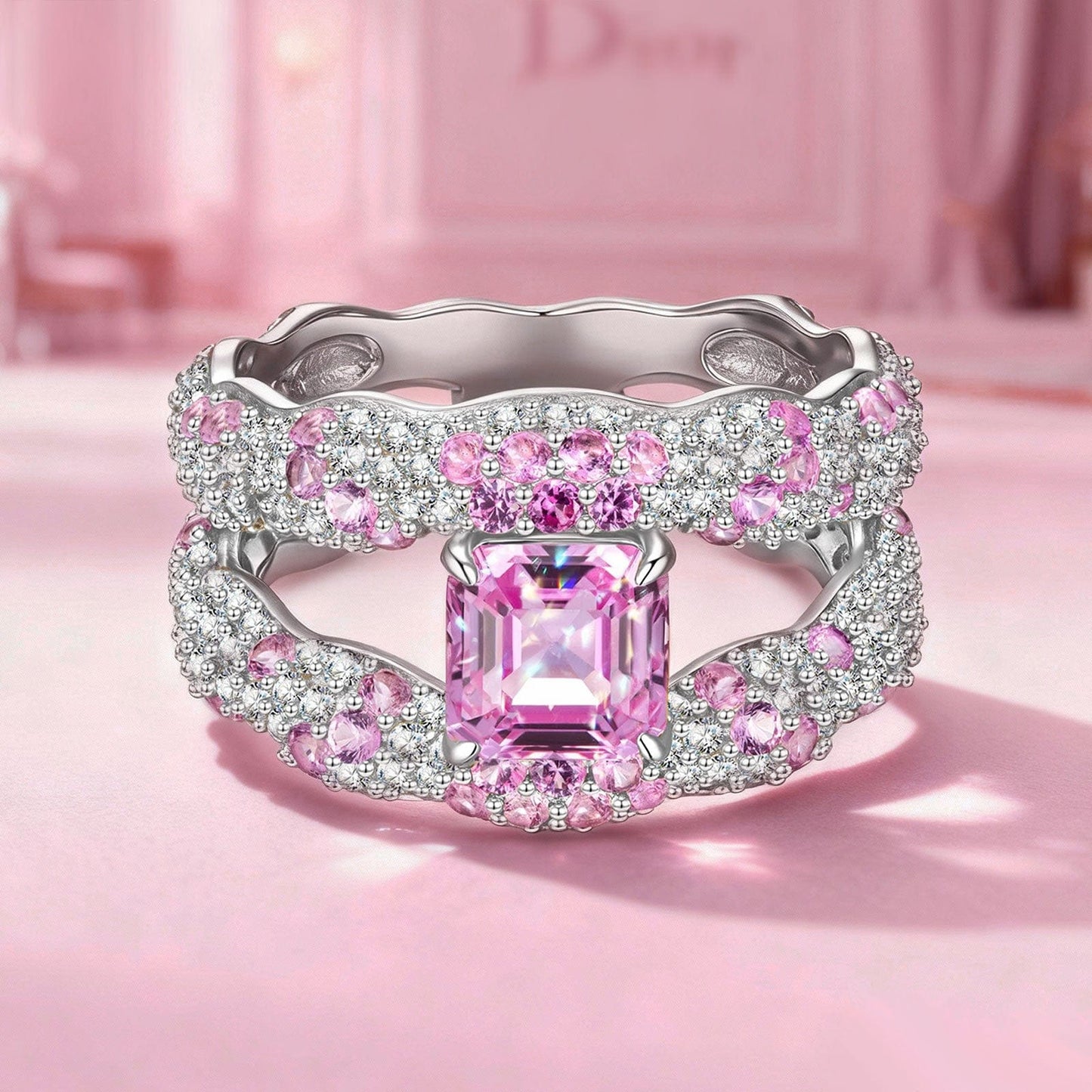 Flash Sale: Solara Splendor Asscher Cut Fancy Vivid Rose Hue Lab-Certified Pink Sapphire - Pave Classic Engagement Ring White Gold Plated (Includes GRC Certification from Gemstone Research Center)
