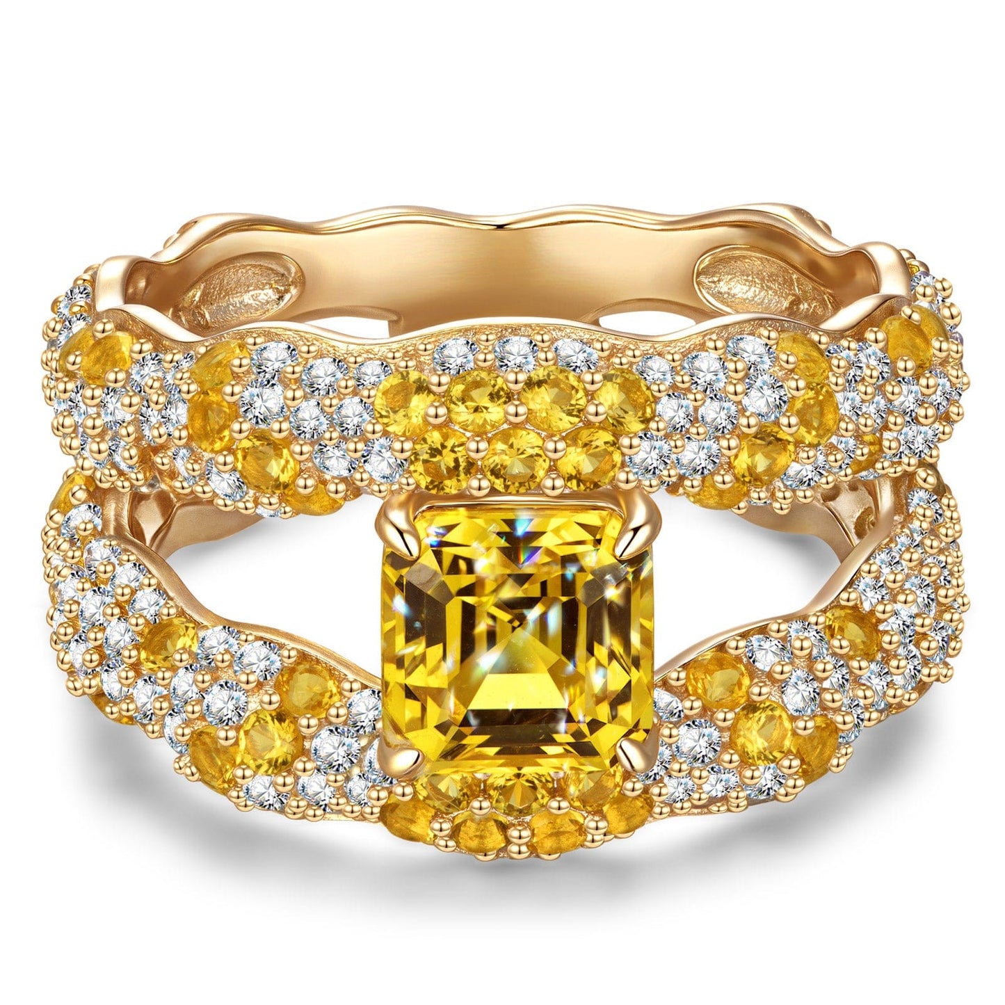 Solara Splendor Asscher Cut Fancy Vivid Yellow Lab-Certified Yellow Sapphire - Pave Classic Engagement Ring 14K Yellow Gold Plated (Includes GRC Certification from Gemstone Research Center)