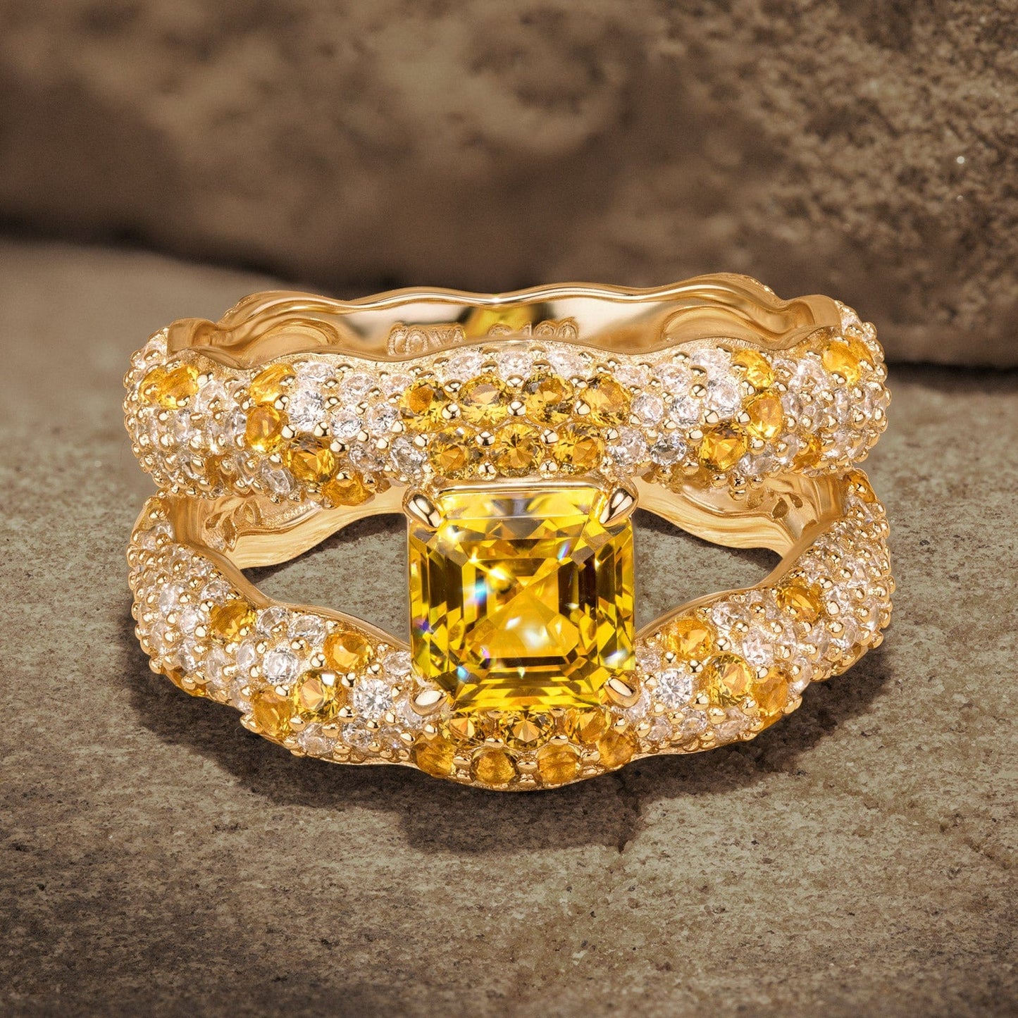 Solara Splendor Asscher Cut Fancy Vivid Yellow Lab-Certified Yellow Sapphire - Pave Classic Engagement Ring 14K Yellow Gold Plated (Includes GRC Certification from Gemstone Research Center)