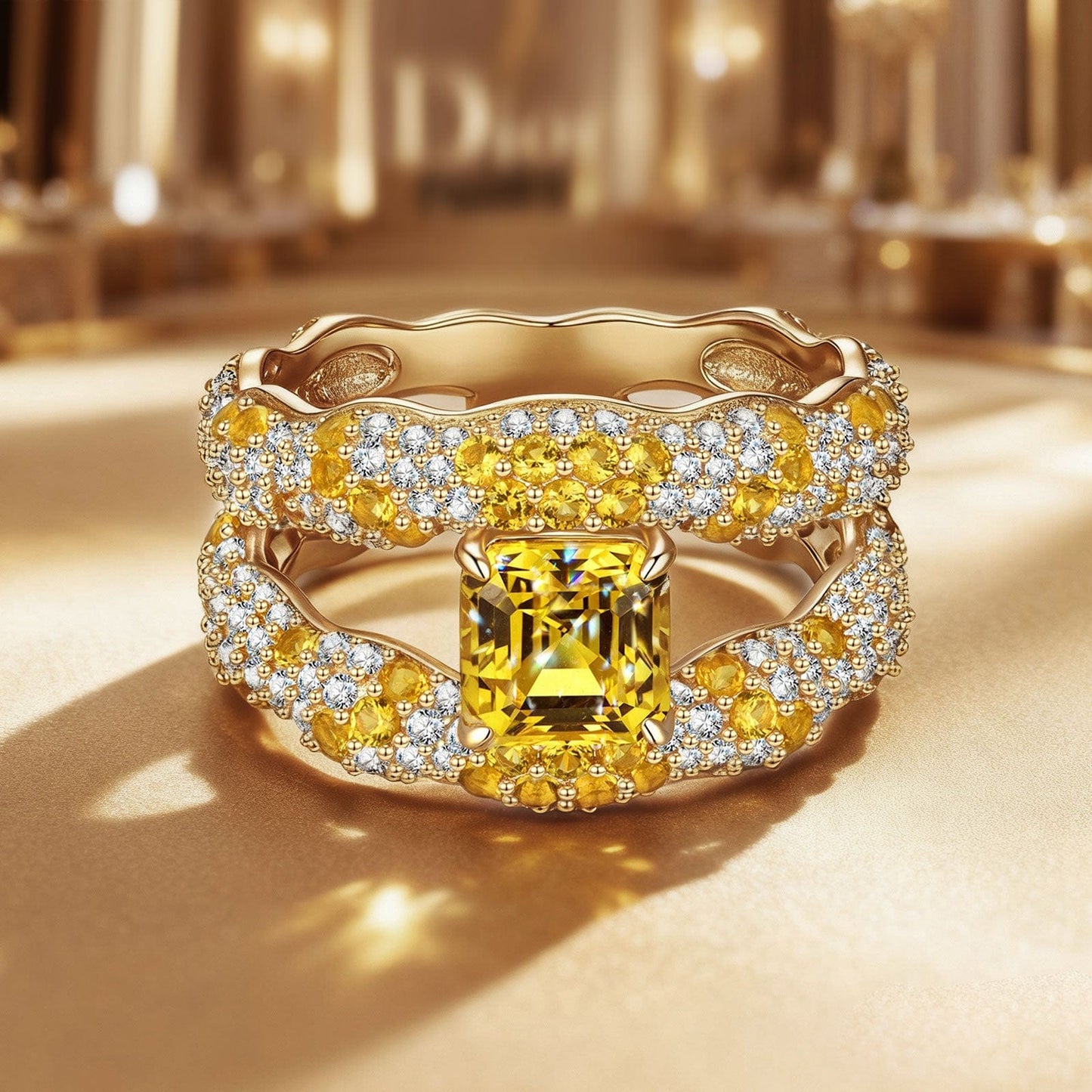 Solara Splendor Asscher Cut Fancy Vivid Yellow Lab-Certified Yellow Sapphire - Pave Classic Engagement Ring 14K Yellow Gold Plated (Includes GRC Certification from Gemstone Research Center)