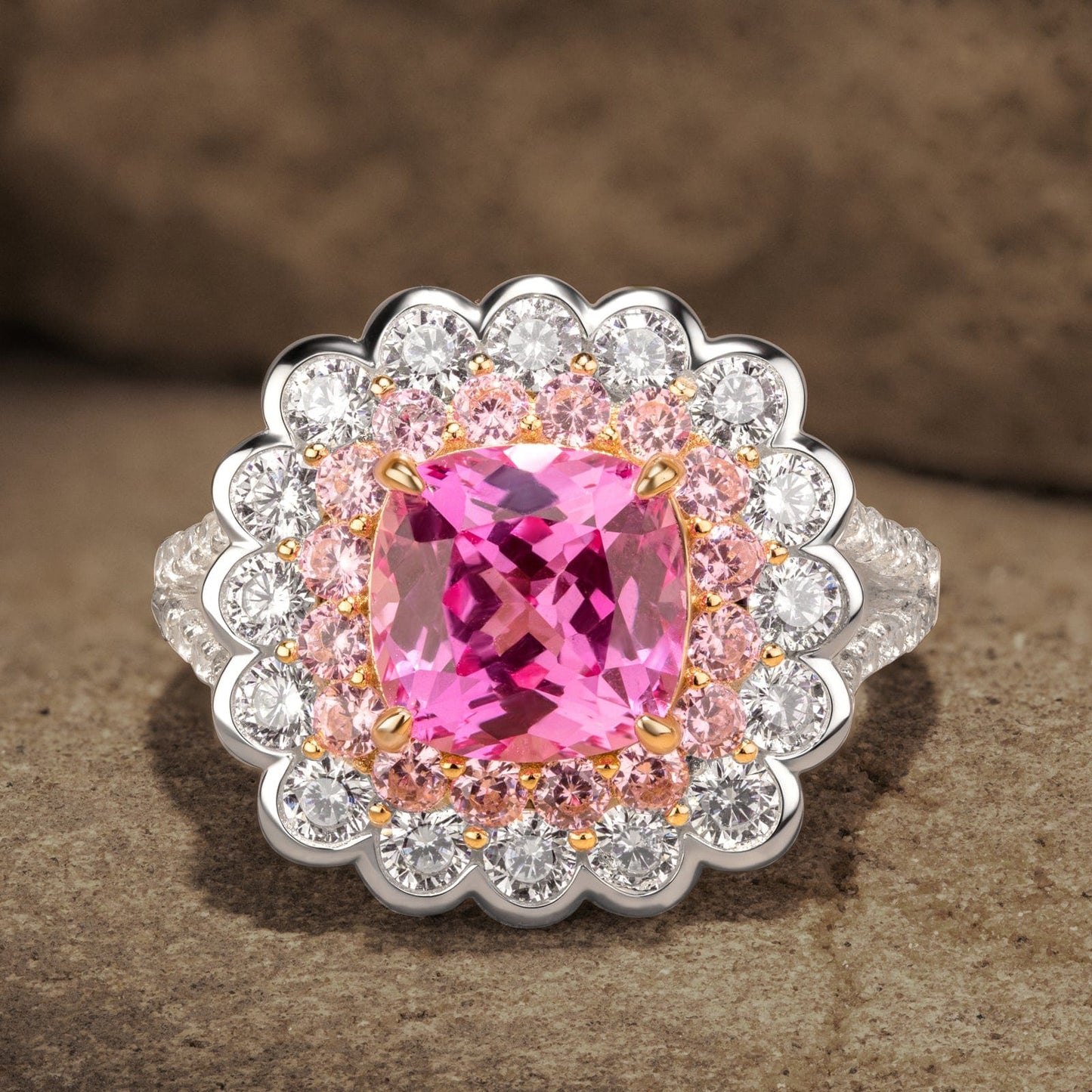 Cushion Cut Fancy Vivid Rose Hue Lab-Certified Pink Sapphire - Halo Classic Engagement Ring Two-Tone Plating (Includes GRC Certification from Gemstone Research Center)
