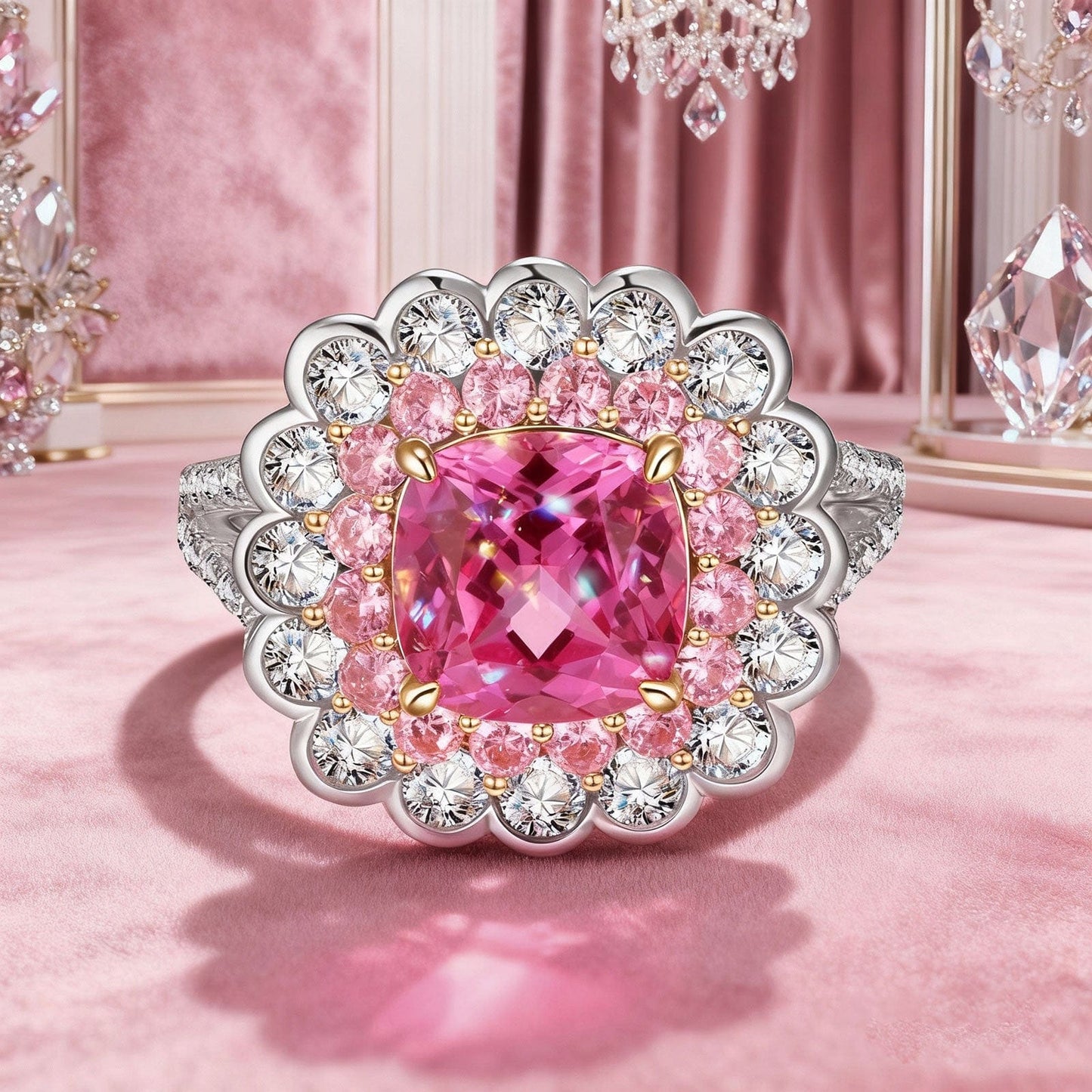 Cushion Cut Fancy Vivid Rose Hue Lab-Certified Pink Sapphire - Halo Classic Engagement Ring Two-Tone Plating (Includes GRC Certification from Gemstone Research Center)