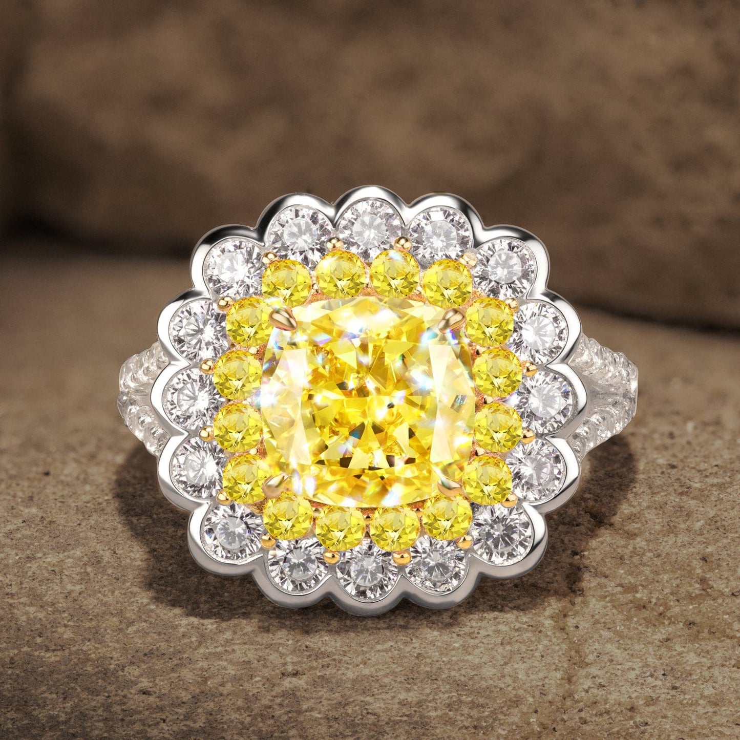 Cushion Cut Fancy Vivid Yellow Lab-Certified Yellow Sapphire - Halo Classic Engagement Ring Two-Tone Plating (Includes GRC Certification from Gemstone Research Center)