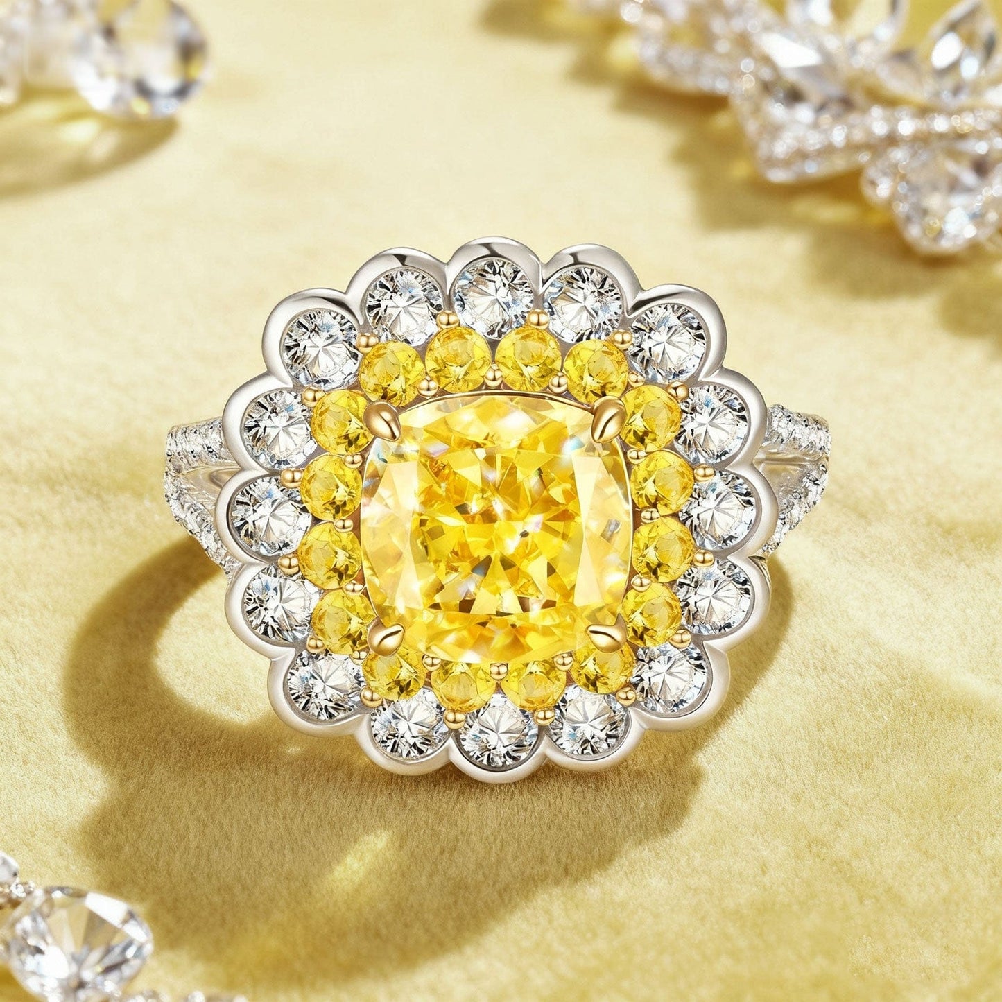 Cushion Cut Fancy Vivid Yellow Lab-Certified Yellow Sapphire - Halo Classic Engagement Ring Two-Tone Plating (Includes GRC Certification from Gemstone Research Center)