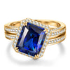Radiant Cut Royal Blue Hue Lab-Certified Blue Sapphire - Halo Classic Engagement Ring 14K Yellow Gold Plated (Includes GRC Certification from Gemstone Research Center)