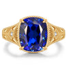 11*9mm Cushion Modified Brilliant Cut Royal Blue Hue Lab-Certified Blue Sapphire - Pave Classic Engagement Ring 14K Yellow Gold Plated (Includes GRC Certification from Gemstone Research Center)