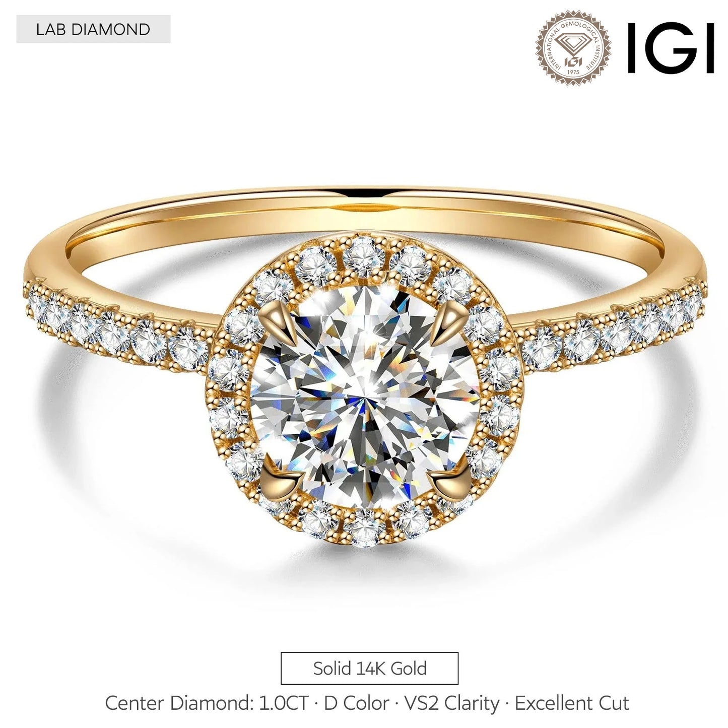 IGI Certified Lab-Grown Round Brilliant Cut Diamond - Halo Classic Engagement Ring Solid 14K Yellow Gold (Includes IGI Certification from International Gemological Institute)