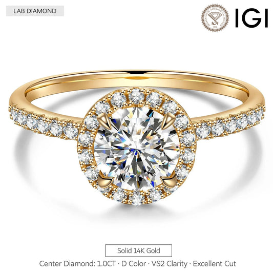gona- IGI Certified Lab-Grown Round Brilliant Cut Diamond - Halo Classic Engagement Ring Solid 14K Yellow Gold (Includes IGI Certification from International Gemological Institute)