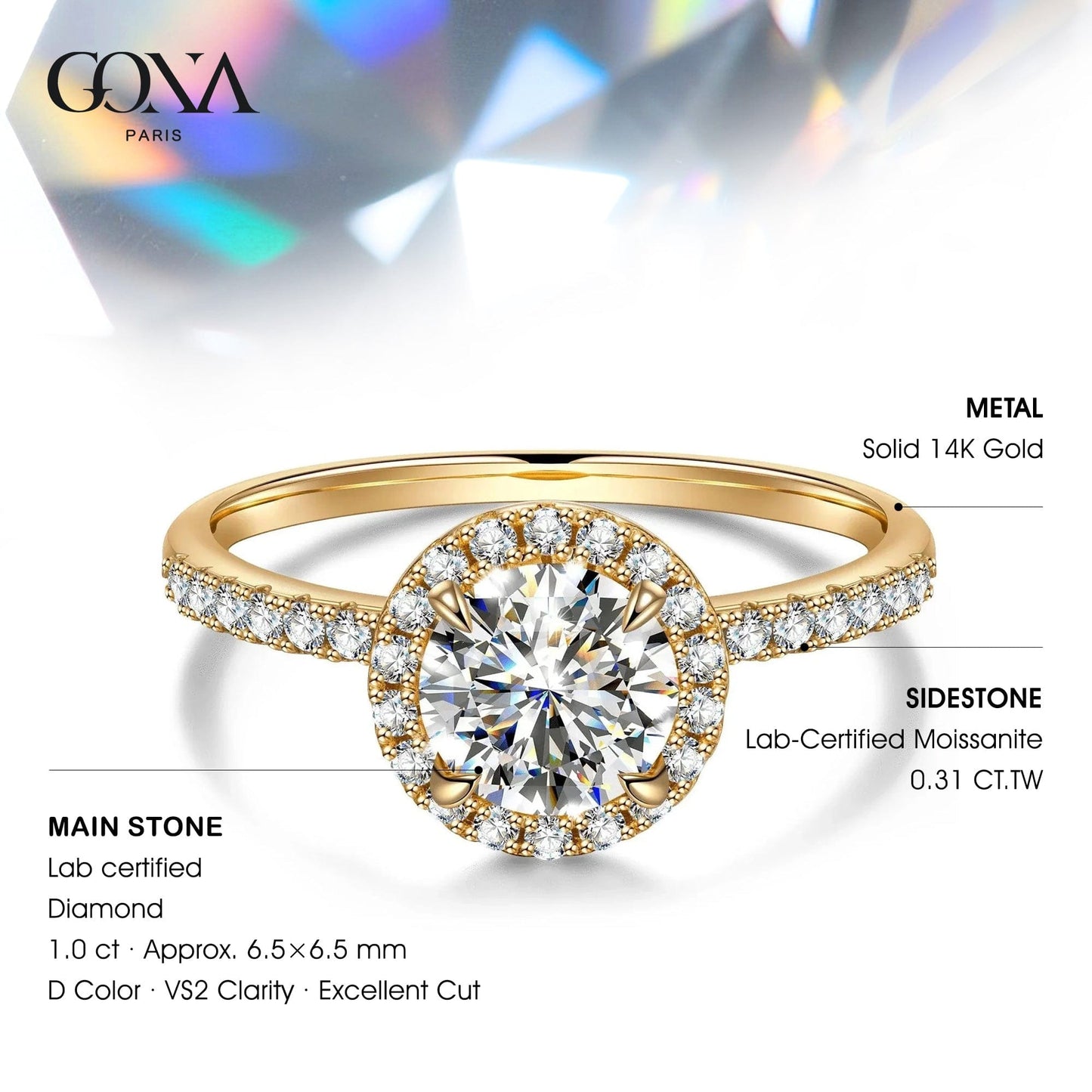 IGI Certified Lab-Grown Round Brilliant Cut Diamond - Halo Classic Engagement Ring Solid 14K Yellow Gold (Includes IGI Certification from International Gemological Institute)