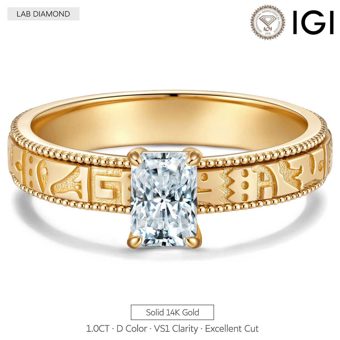 IGI Certified Lab-Grown Radiant Cut Diamond - Solitaire Classic Engagement Ring Solid 14K Yellow Gold (Includes IGI Certification from International Gemological Institute)