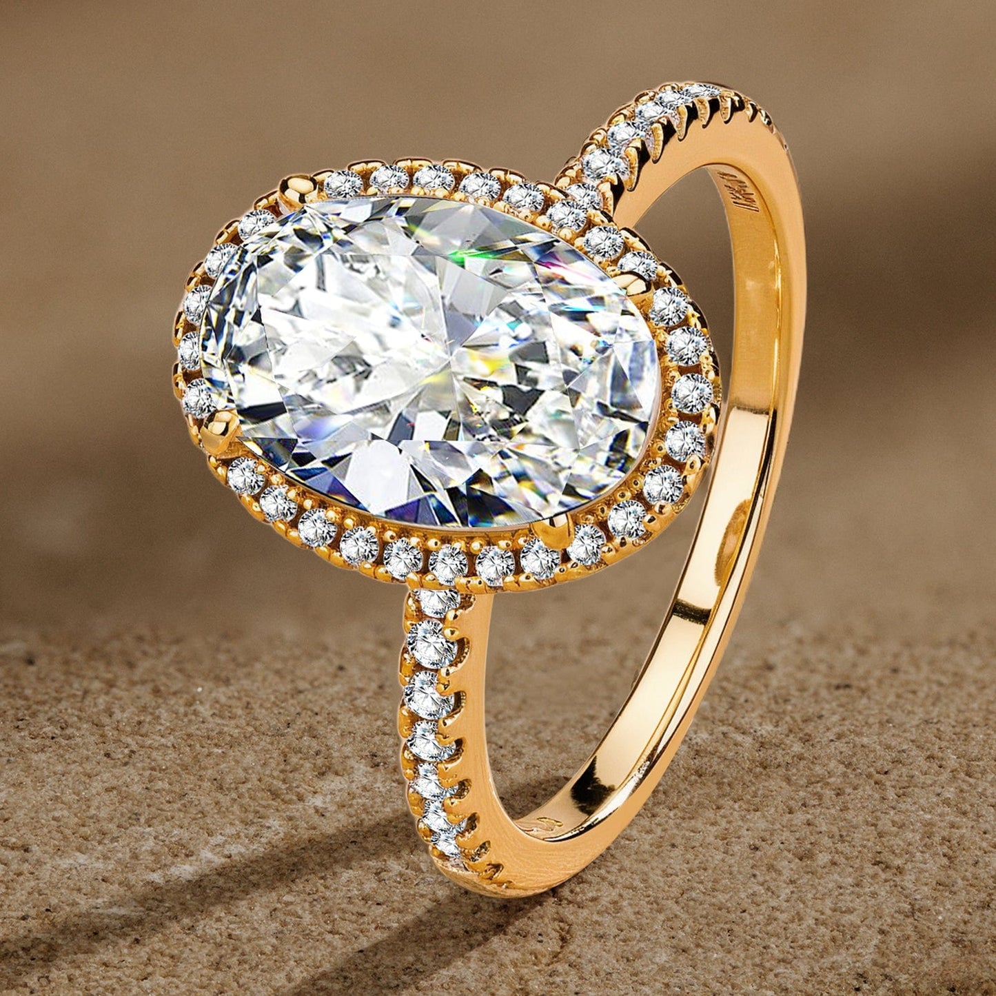 Lab-Grown Oval Brilliant Cut Moissanite - Halo Classic Engagement Ring 14K Yellow Gold Plated (Includes GRA Certification from Gemological Research Association)