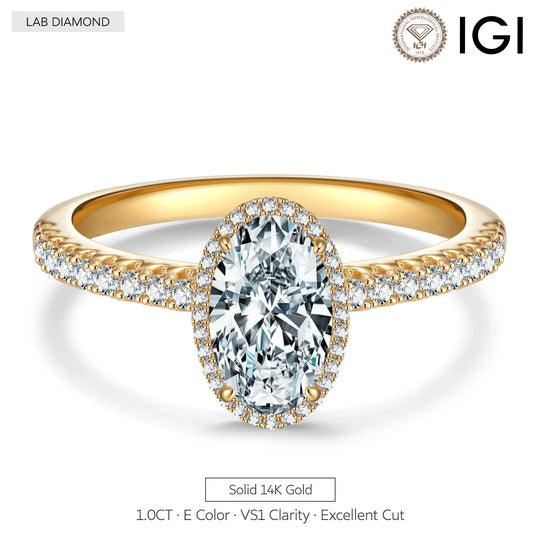 gona- IGI Certified Lab-Grown Oval Brilliant Cut Diamond - Halo Classic Engagement Ring Solid 14K Yellow Gold (Includes IGI Certification from International Gemological Institute)