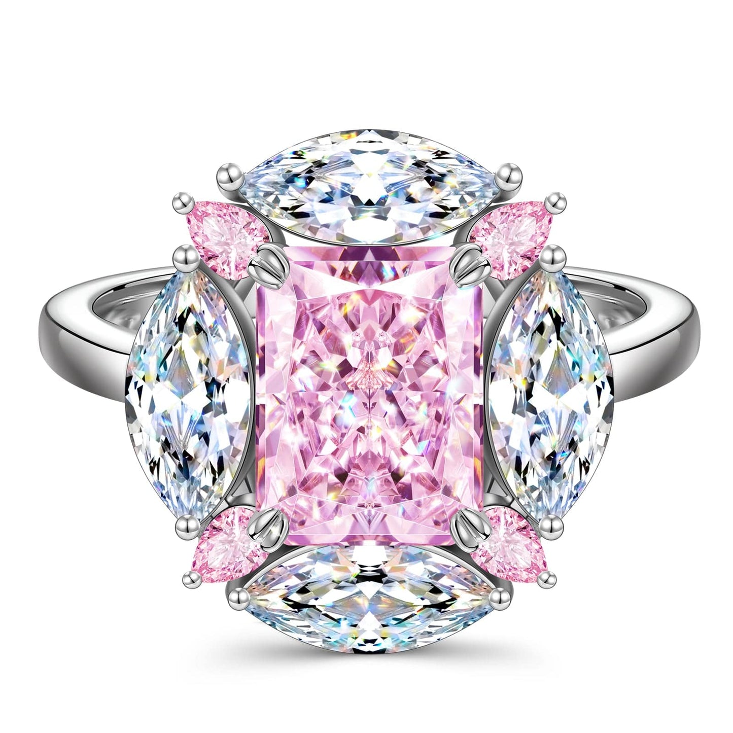 Cushion IceScape Crystal Cut Fancy Vivid Pink Frostfire Zirconia - Halo Classic Engagement Ring Sterling Silver