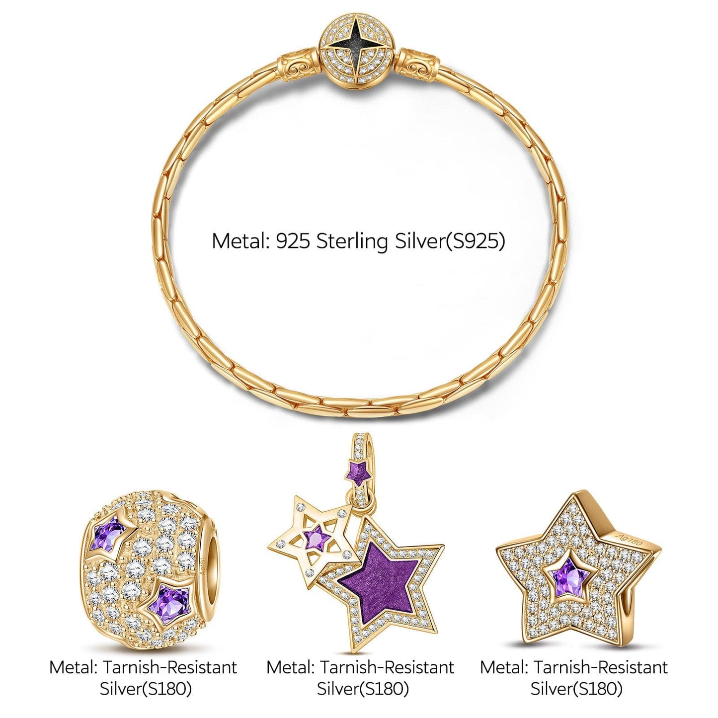 Sterling Silver Purple Star Charms Bracelet Set With Enamel In 14K Gold Plated (Includes bracelet and all charms shown)