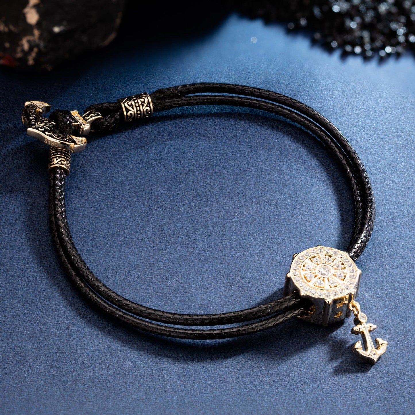 Helmsman Tarnish-resistant Silver Leather Charms Bracelet Set In 14K Gold Plated (Includes bracelet and all charms shown)