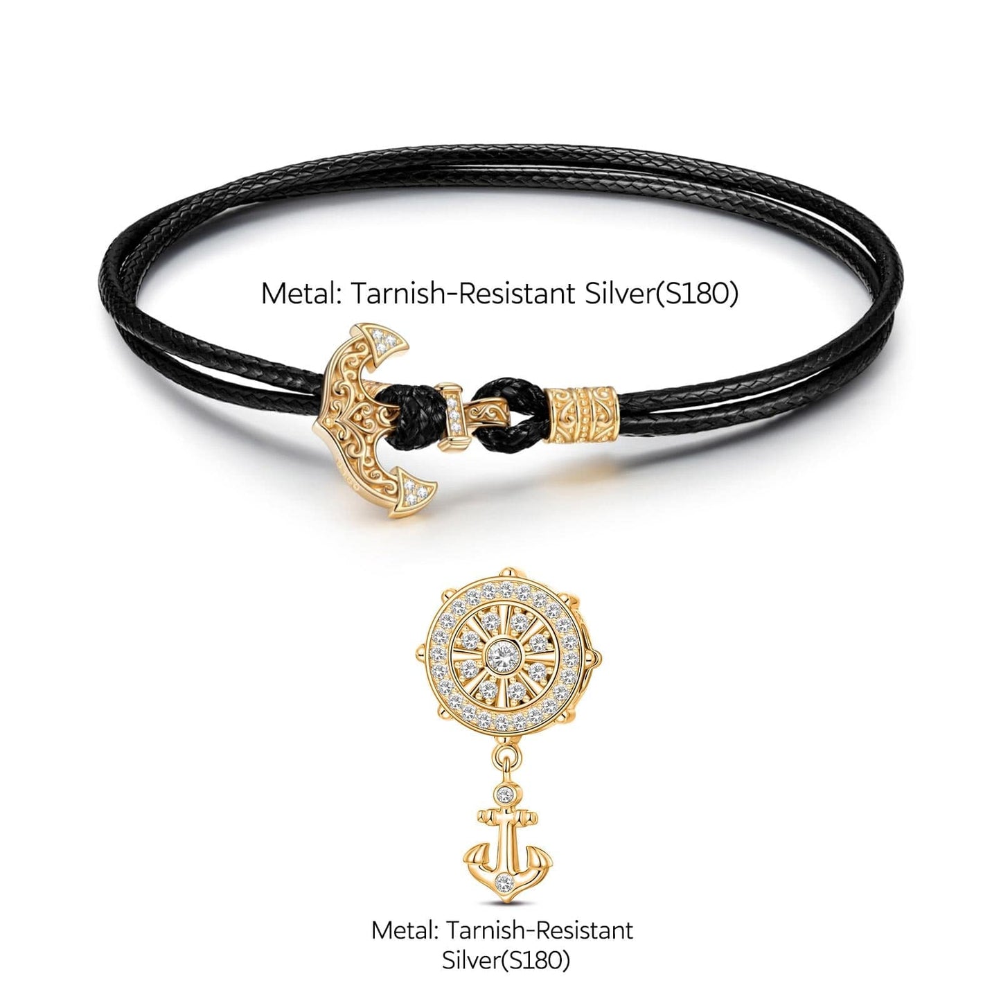 Helmsman Tarnish-resistant Silver Leather Charms Bracelet Set In 14K Gold Plated (Includes bracelet and all charms shown)