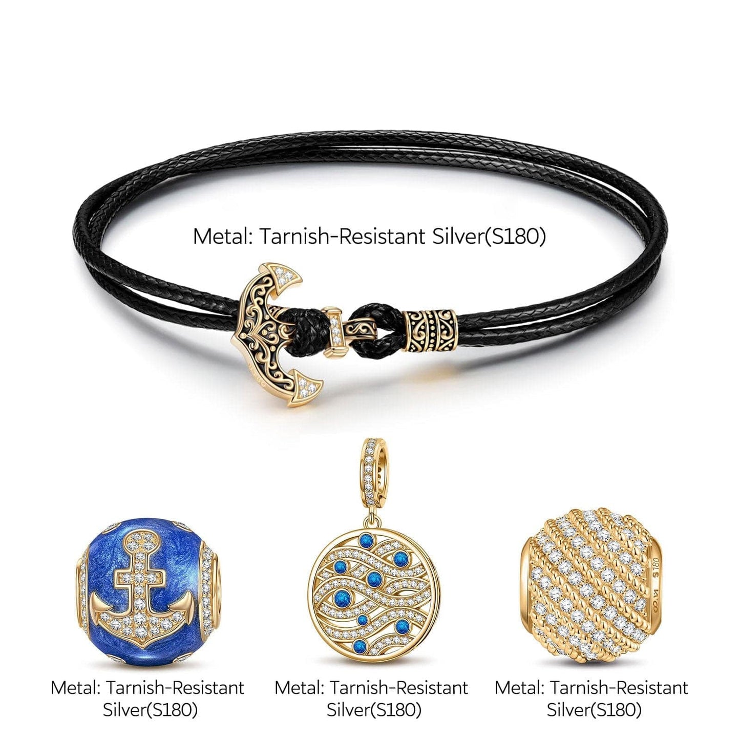 Waves And Anchors Tarnish-resistant Silver Leather Charms Bracelet Set With Enamel In 14K Gold Plated (Includes bracelet and all charms shown)