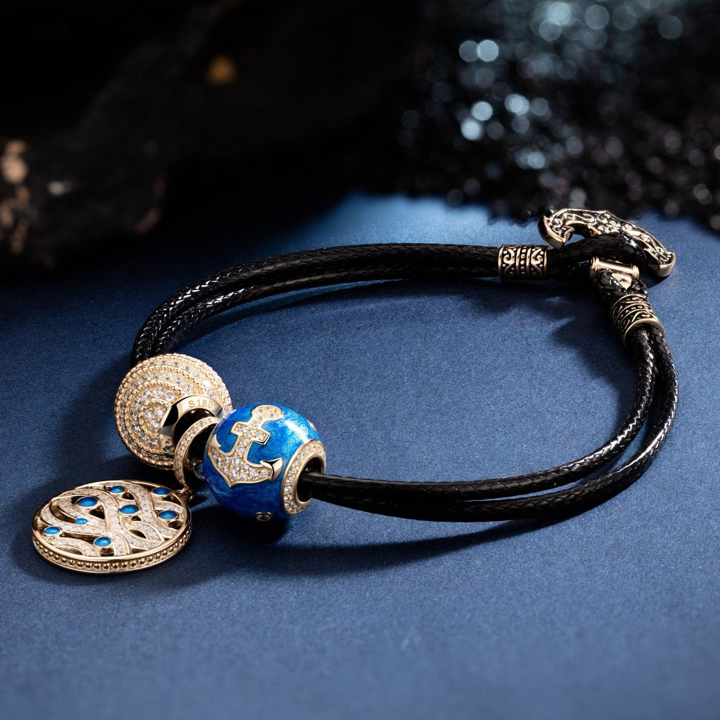 Waves And Anchors Tarnish-resistant Silver Leather Charms Bracelet Set With Enamel In 14K Gold Plated (Includes bracelet and all charms shown)