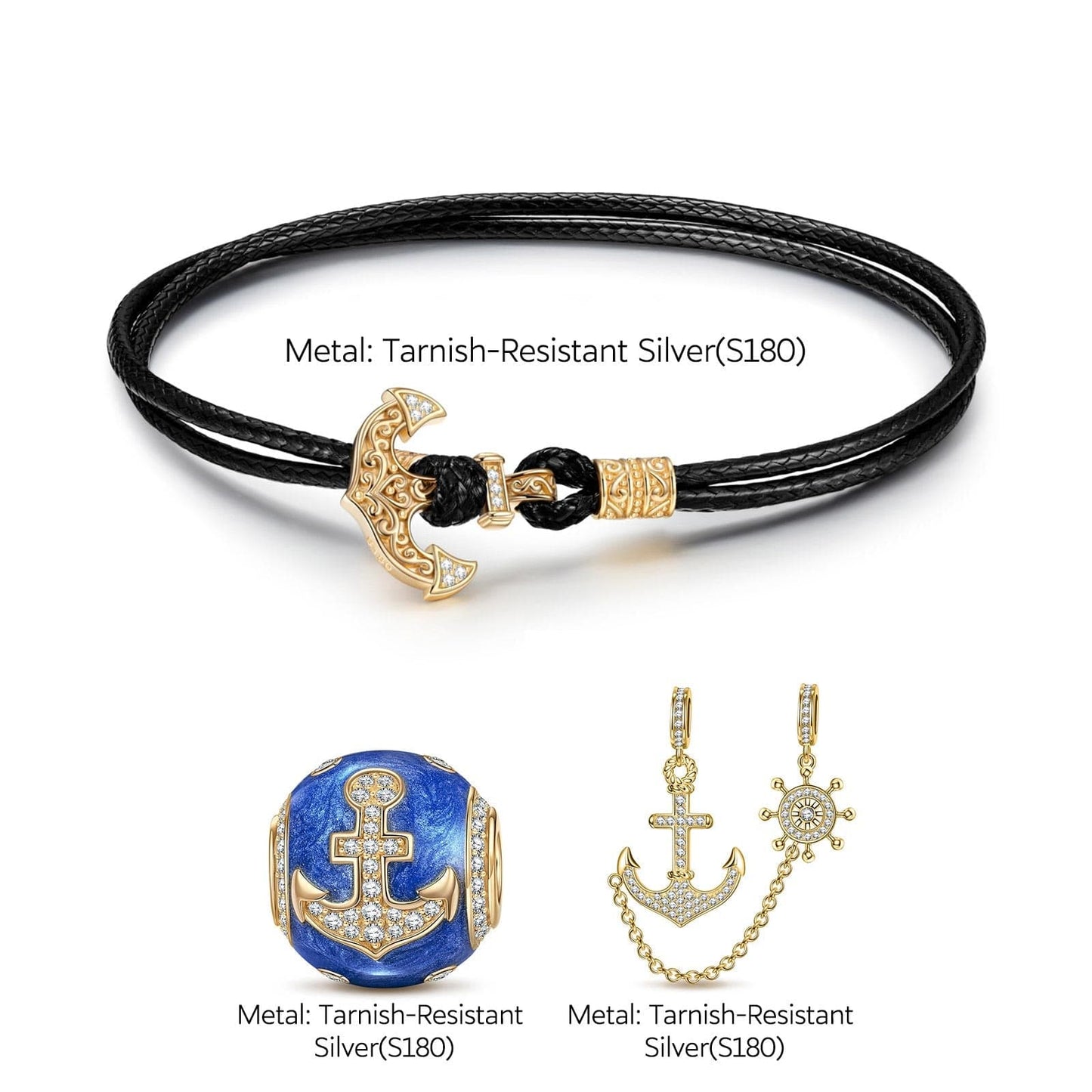 Boat Anchor Tarnish-resistant Silver Leather Charms Bracelet Set With Enamel In 14K Gold Plated (Includes bracelet and all charms shown)
