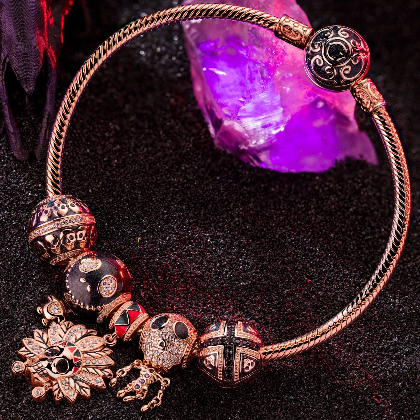 Skeleton Tribe Tarnish-resistant Silver Charms Bracelet Set With Enamel In Rose Gold Plated (Includes bracelet and all charms shown)