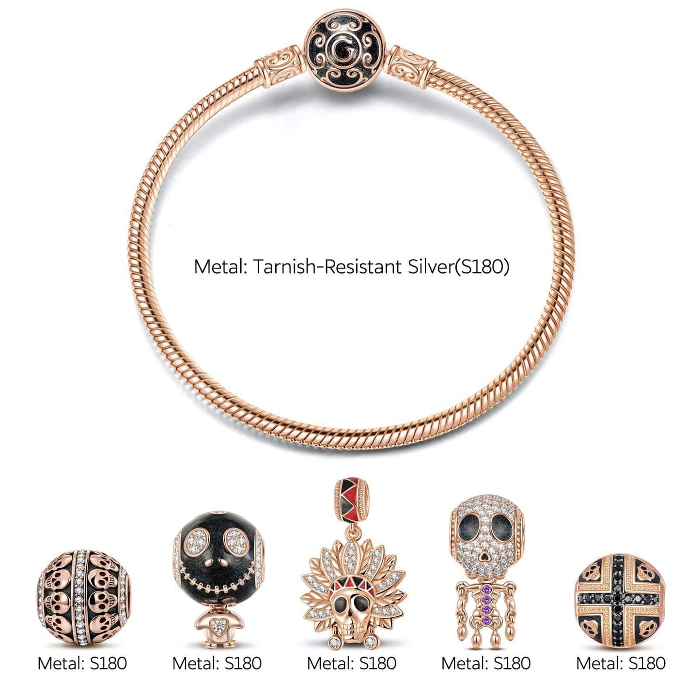 Skeleton Tribe Tarnish-resistant Silver Charms Bracelet Set With Enamel In Rose Gold Plated (Includes bracelet and all charms shown)