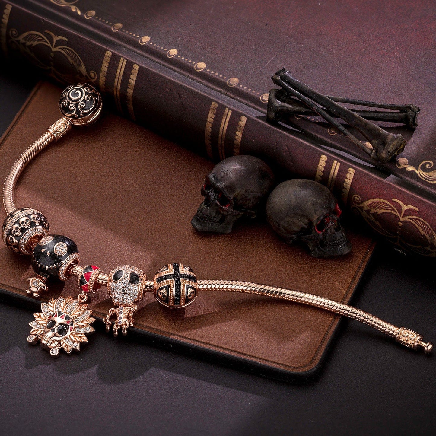 Skeleton Tribe Tarnish-resistant Silver Charms Bracelet Set With Enamel In Rose Gold Plated (Includes bracelet and all charms shown)