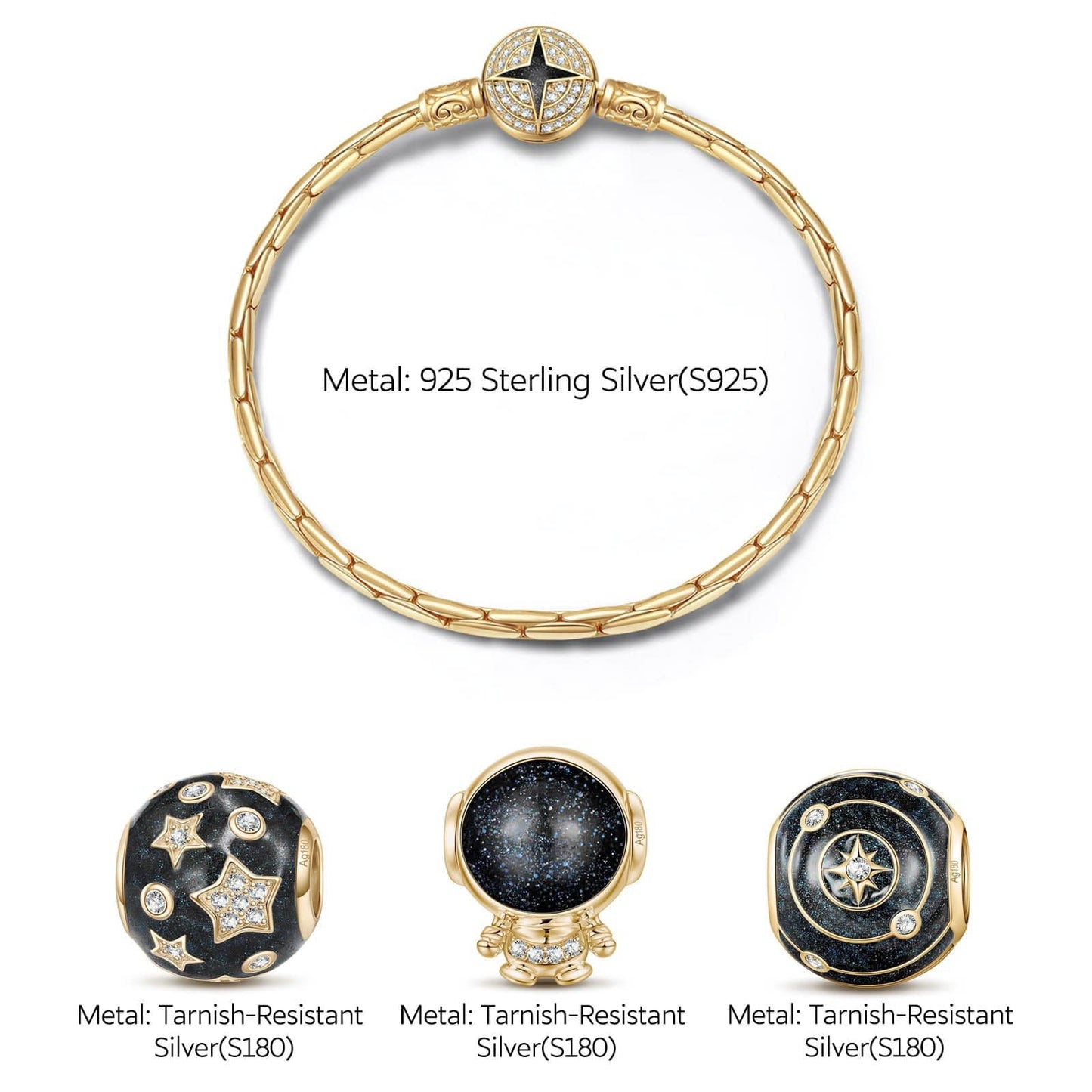 Sterling Silver Astronauts and Galaxies Bamboo Chain Charms Bracelet Set With Enamel In 14K Gold Plated (Includes bracelet and all charms shown)